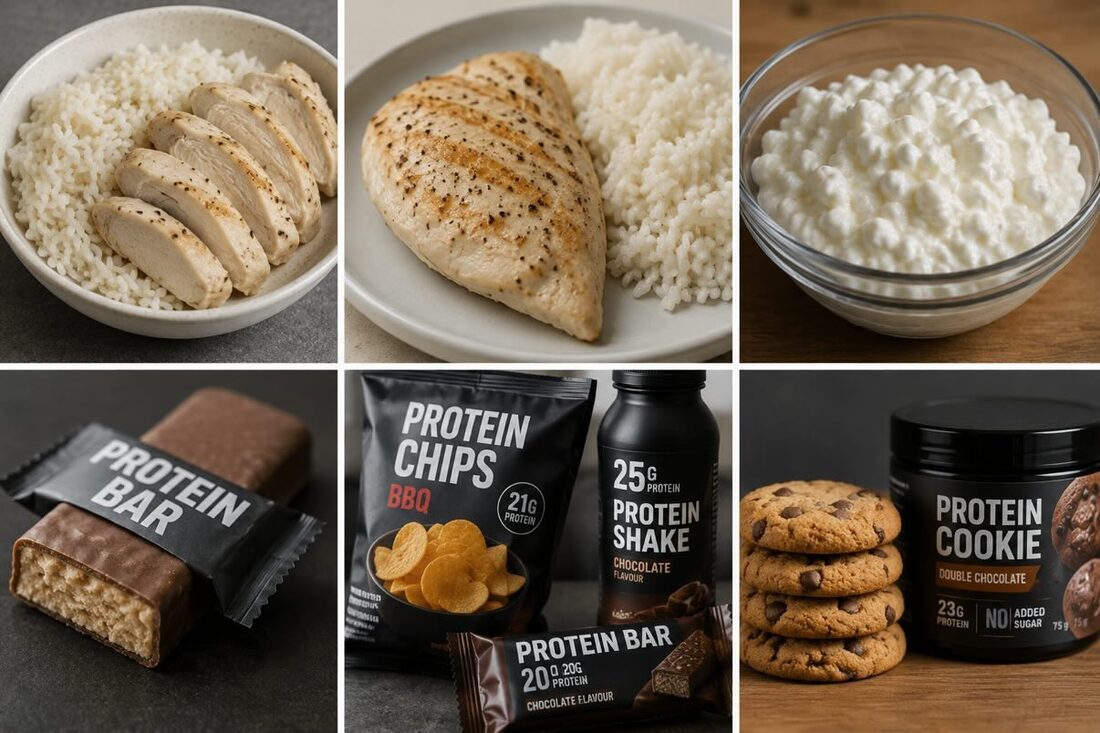 Protein- and calorie-focused health foods — plain chicken, rice, cottage cheese and protein-labelled snacks