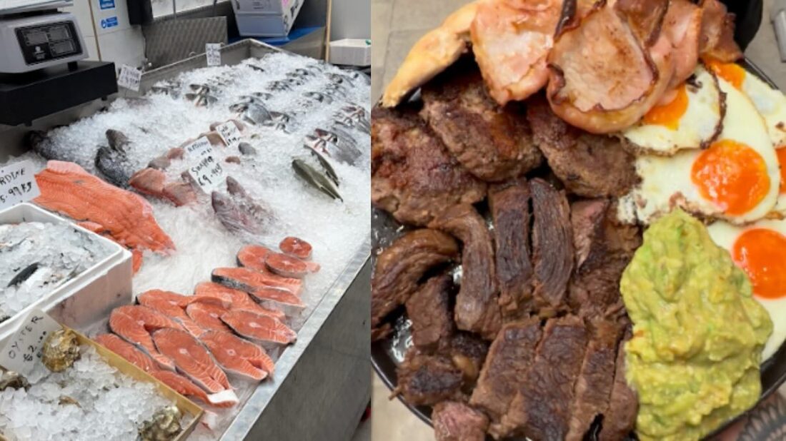 Shopping for quality ingredients — fresh fish at the market and a high-test spread of steak, eggs and guacamole