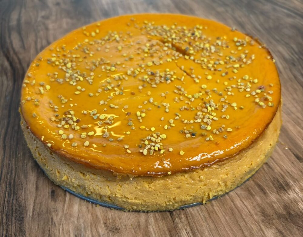 Sweet potato cheesecake topped with bee pollen